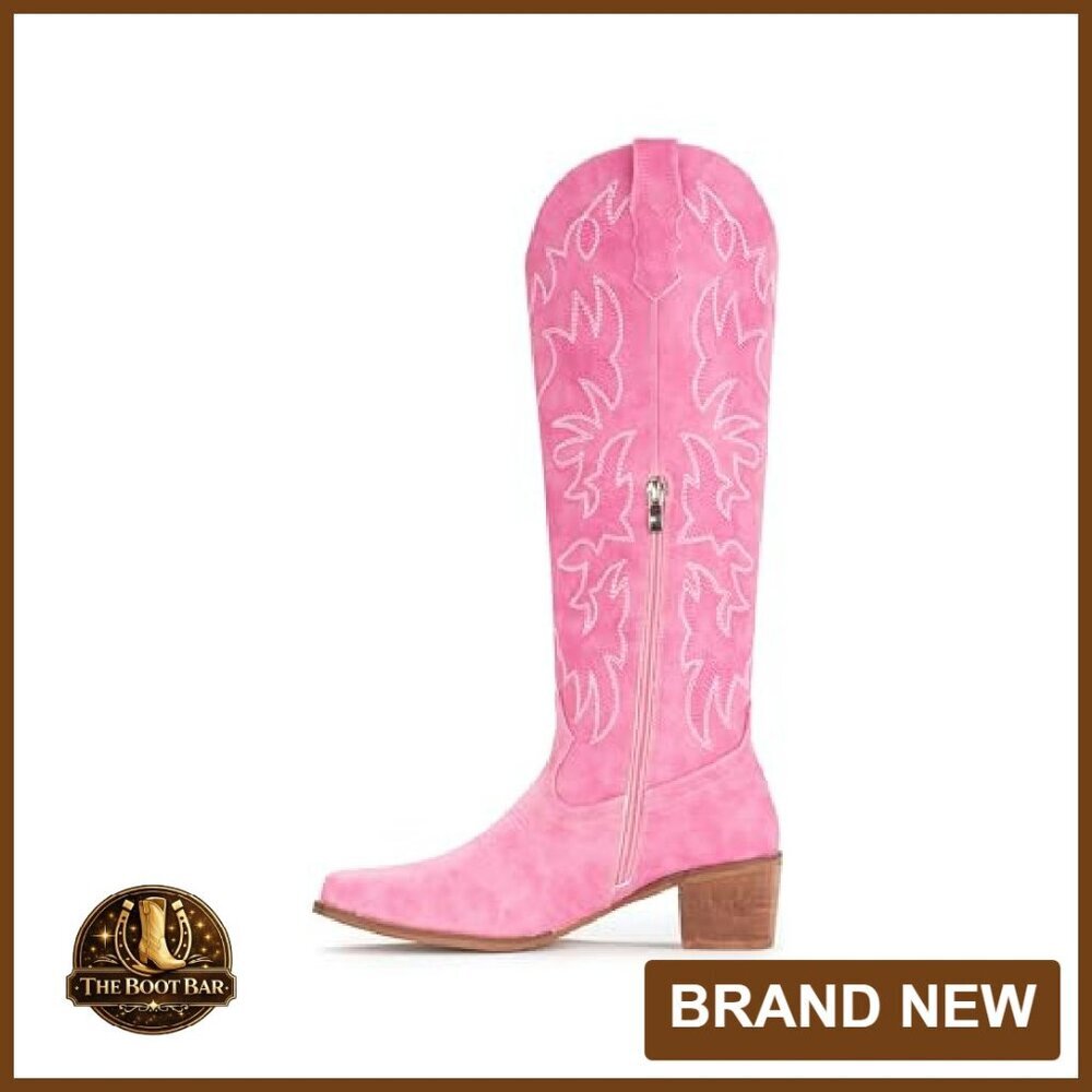 Knee High Western Boots Snip Toe Side Zipper Chunky Heel - Picture 3 of 8